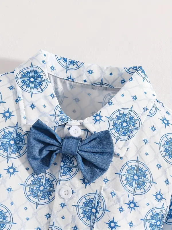 Toddler Boy's Geometric Print Short Sleeve Shirt & Bow Tie & Belt & Shorts Four-Piece Set, Casual Summer Clothes for Kids 2