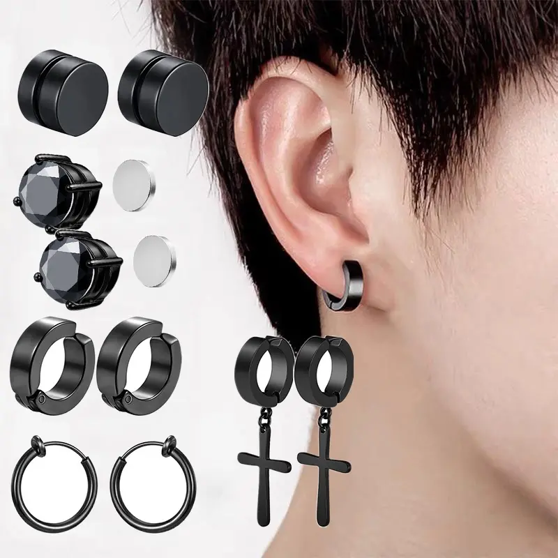 2 Pieces Stainless Steel Anti-Scratch Unisex CZ Magnetic Clip-On Earrings Punk Hip Hop Earrings Set