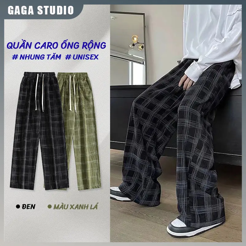 Quần caro ống rộng Nam  thời trang thể mặc theo phong cách Hàn Quốc hợp quần ống rộng kẻ sọc unisex Menswear Pants