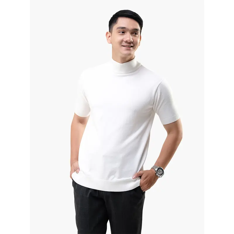 Gomuda Sweater Rajut Pria Mockneck Short Sleeve Knitwear Katun Spandex 3