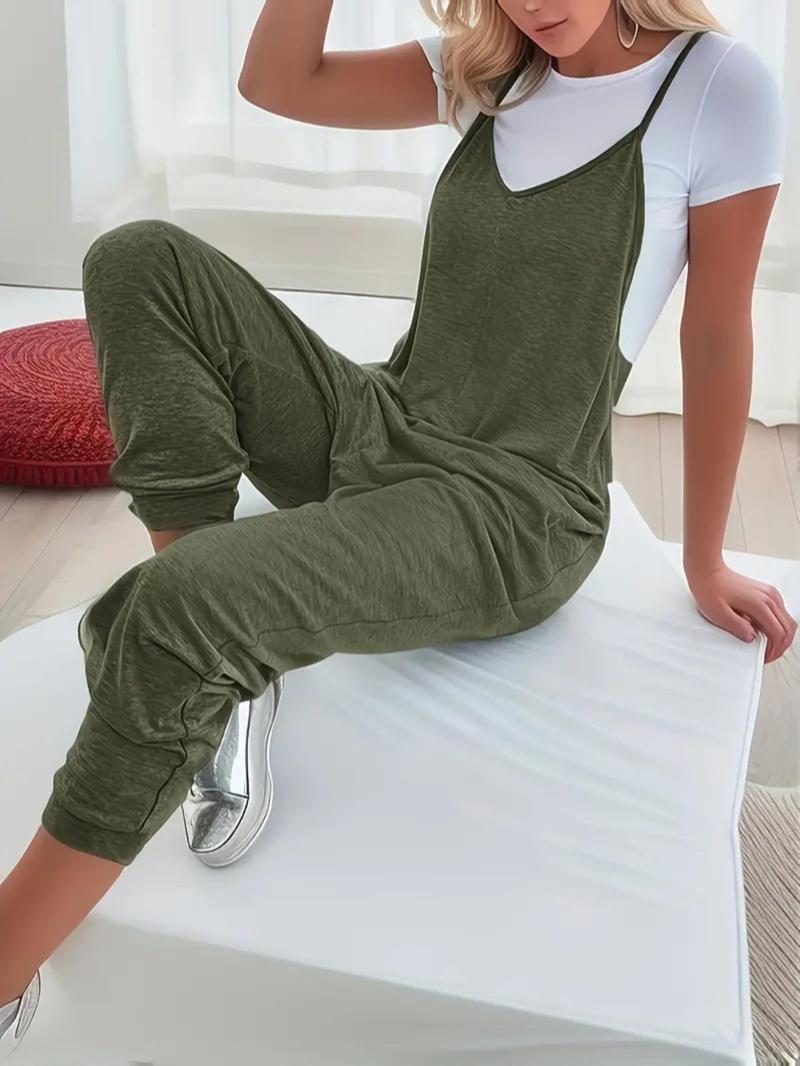 Product Introduction of Women's Plain Pocket V Neck Overalls Jumpsuit without Tee, Casual Sleeveless Spaghetti Strap Cami Overalls Jumpsuit for Daily Wear, Ladies Clothes for All Seasons 7