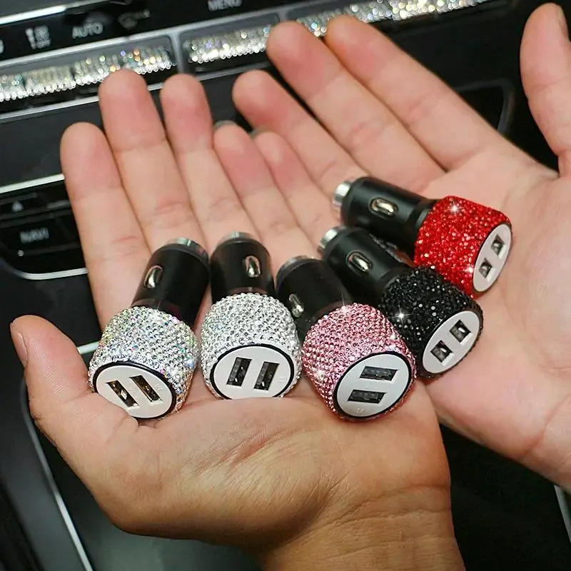 New 5V 2.1A Dual Port Bling USB Car Charger Fast Adapter Pink Car Decor Car Styling Diamond Car Accessories Interior for Woman