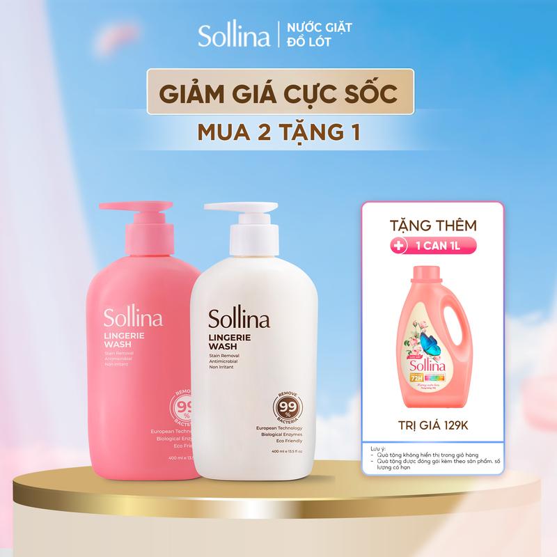 COMBO GIÁ HỜI- MUA 2 TẶNG 1 Combo 2 nước giặt đồ lót chuyên dụng Sollina 400ML - Giúp khử mùi kháng khuẩn 1 nước giặt hồng+ 1 nước giặt vàng - Tặng 1 chai nước giặt hương nước hoa 1L
