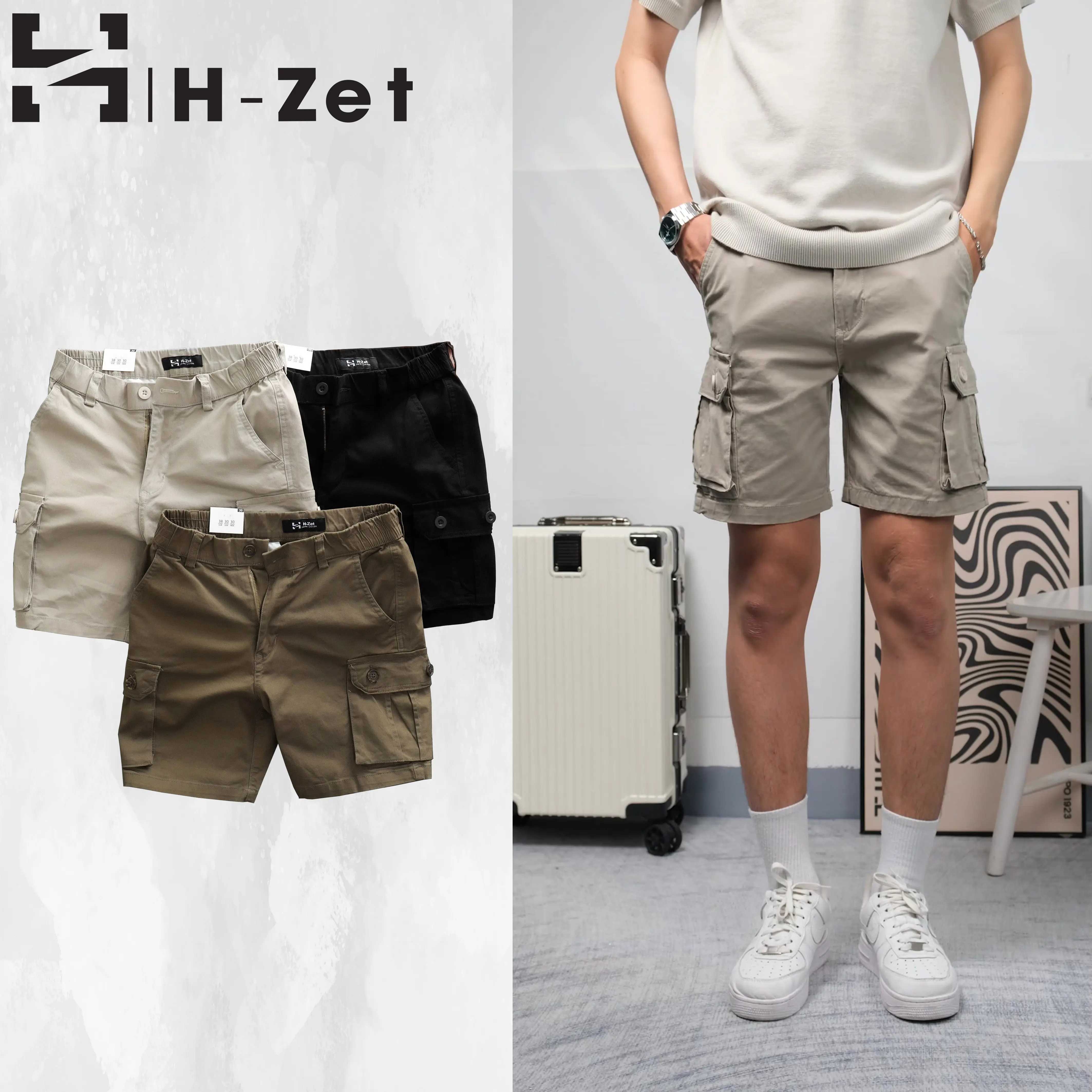 Quần short túi hộp nam form trẻ trung H-Zet - vải kaki co giãn kết hợp lưng thun - SHORTTH270