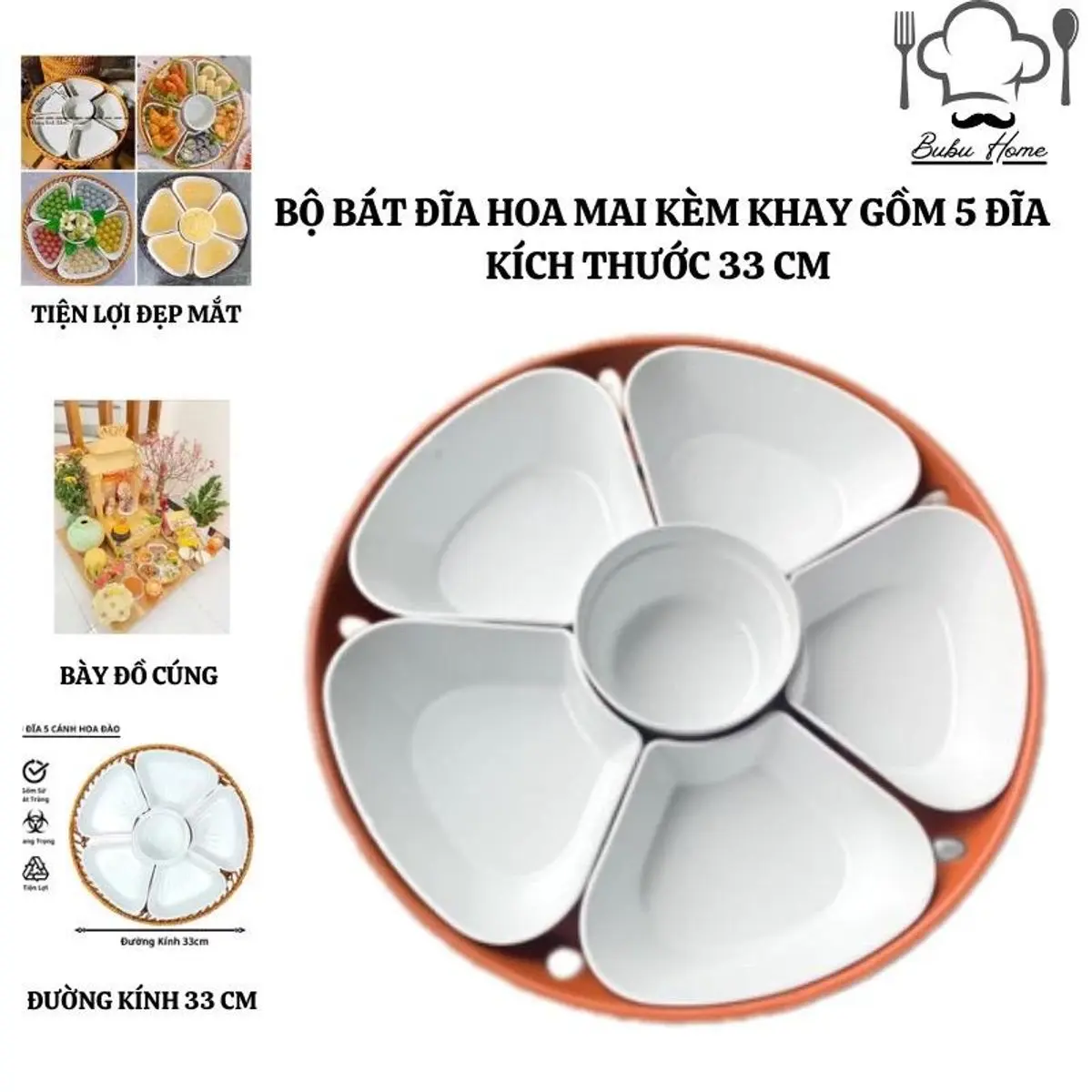 Bộ Bát Đĩa Hình Hoa 5 Cánh Nhựa Phíp , Gồm 1 Bát + 5 Đĩa Và Khay