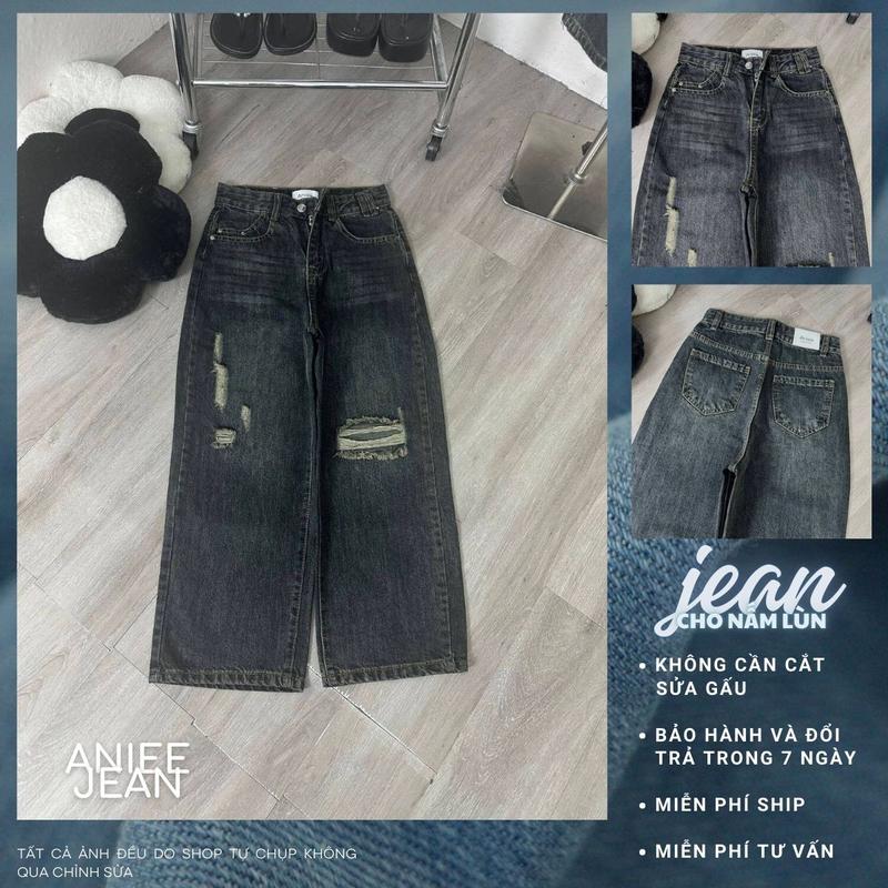Quần jean ống rộng,quần bò nữ ống suông rách Aniee lưng cao vải denim màu đen khói dài 87cm cho nấm lùn -DENKHOIRACH Women Pants