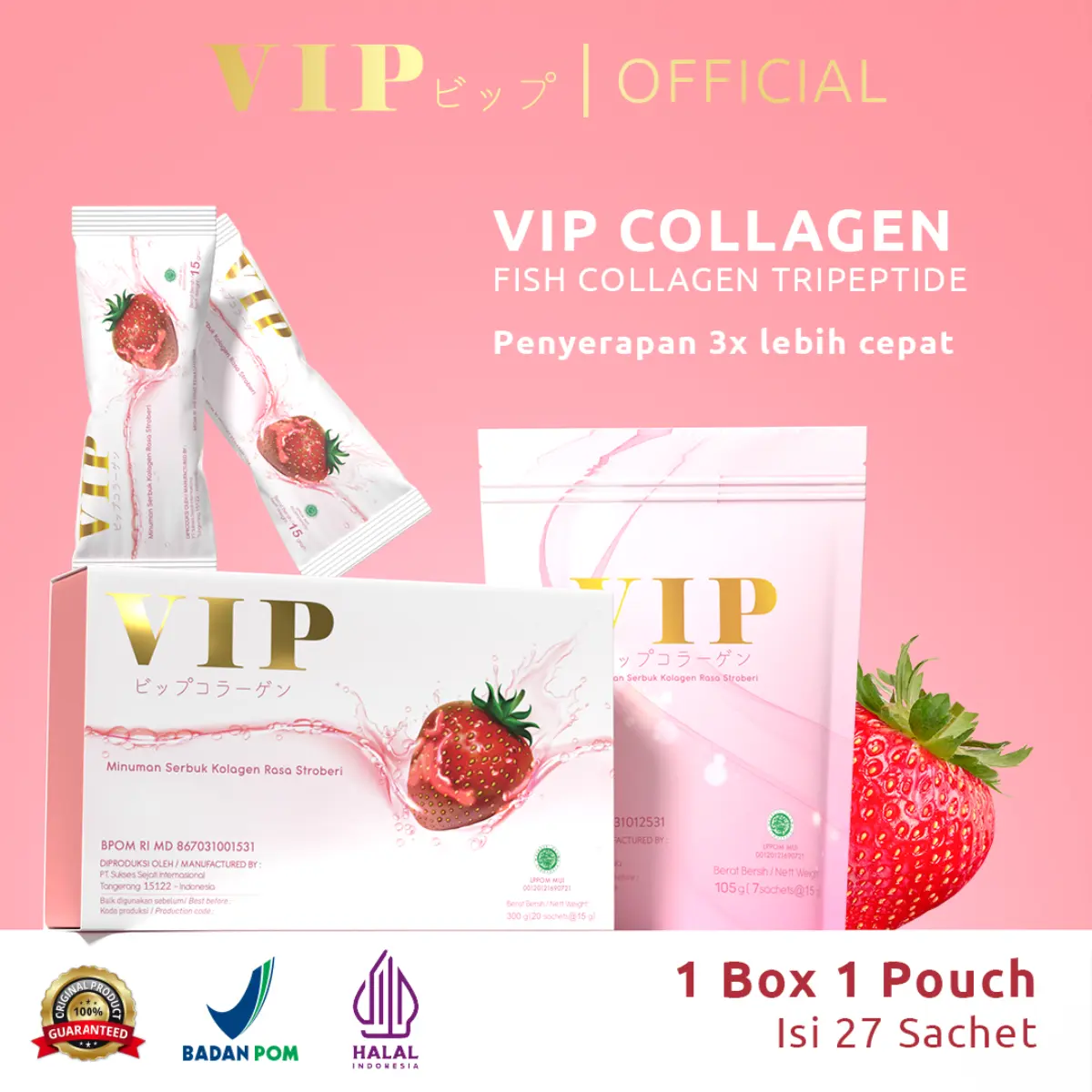 VIP Collagen Premium 1 BOX & 1 POUCH  isi 27 Sachet | Minuman Kolagen Untuk Kulit, Kuku, & Rambut | Dengan fish collagen untuk mencerahkan | BPOM & HALAL