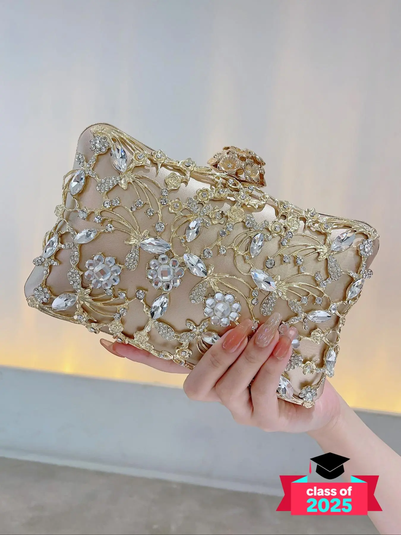 Women's 2025 Spring & Summer Artificial Gemstone Floral Design Bling Evening Bag, Elegant Rhinestone Decorated Floral Embossed Clutch for Wedding & Party & Dating