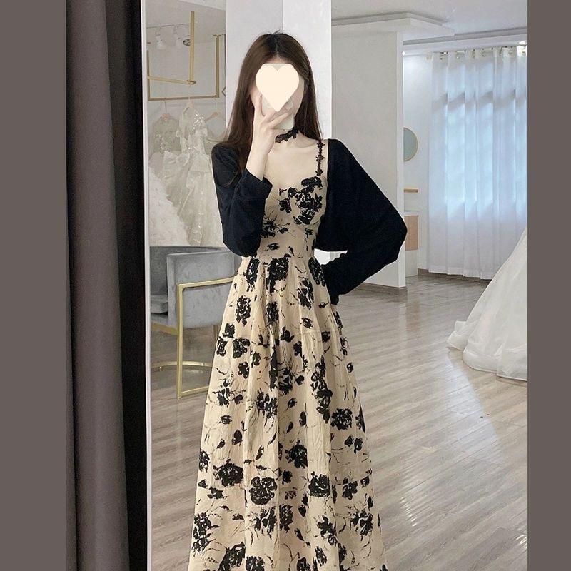 Product Introduction of 2023 Summer new French retro floral strap dress Hepburn chic style cardigan dress two-piece suit 5