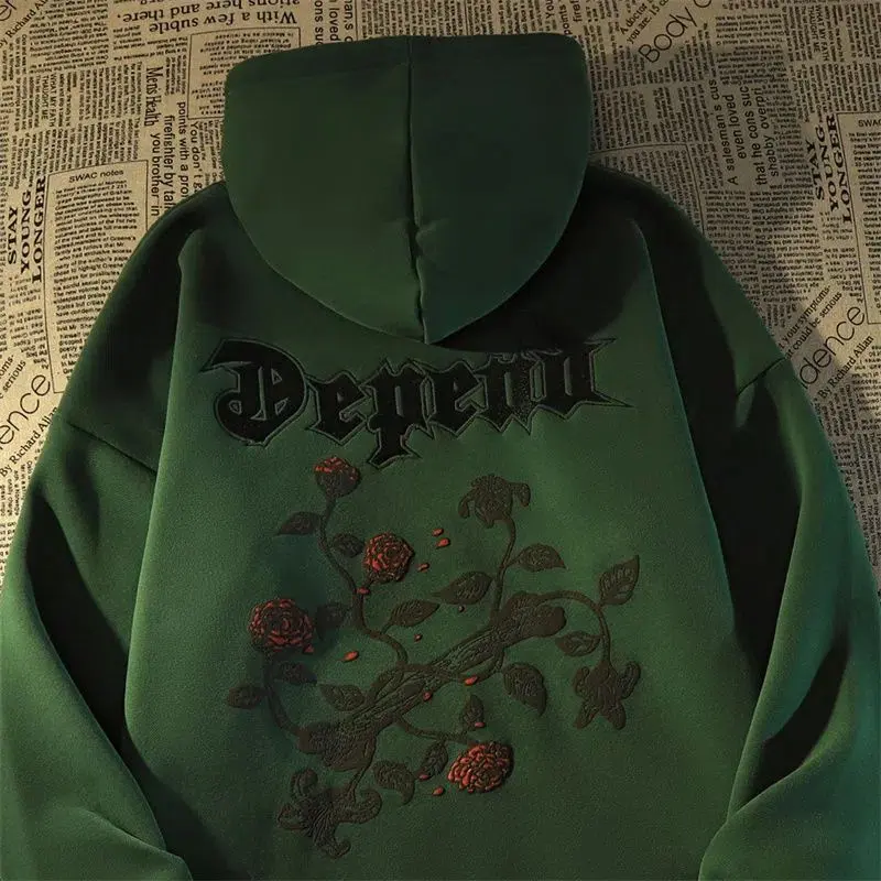 2024 American Style Vintage Dry Rose Hooded Sweater Men and Women Loose Ins Idle Style Autumn and Winter Fleece Padded Coat