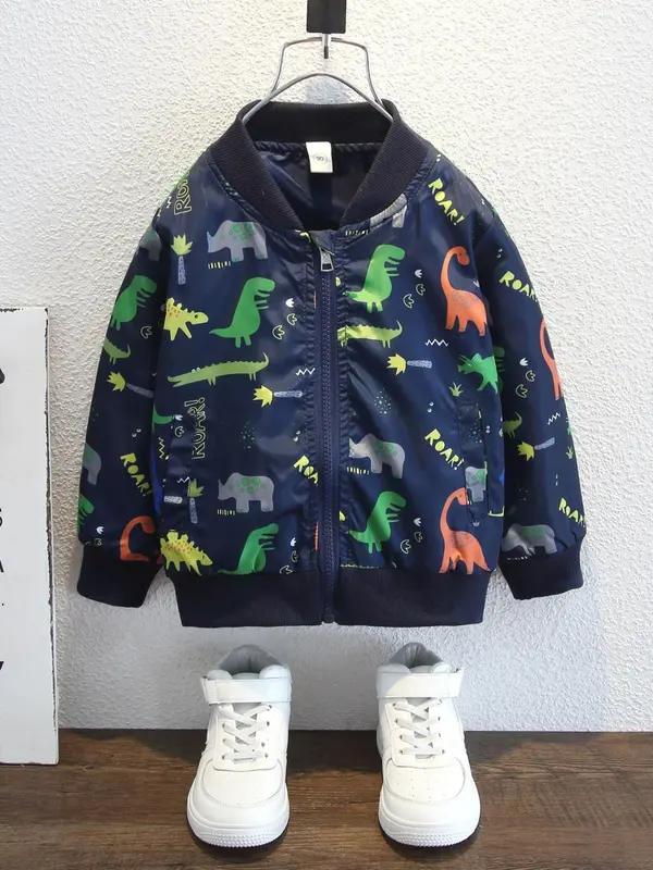 Toddler Boy's Cartoon Dinosaur Print Zip Up Jacket, Casual All Over Print Drop Shoulder Mock Neck Jacket for Fall & Winter, Little Boys Outerwear for Daily Wear, Kid's Coat for School Wear, Balkan School Outfits 0