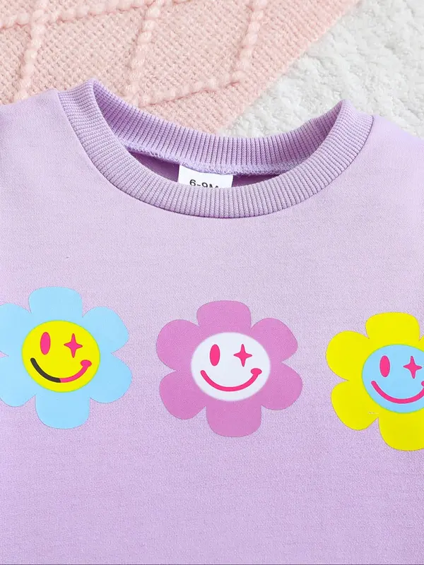 Baby Girl's Cartoon Smile Face & Flower Print Top & Elastic Waist Pants Set, Casual Long Sleeve Top & Trousers, Infant Toddler Kids Spring & Fall Clothes 2