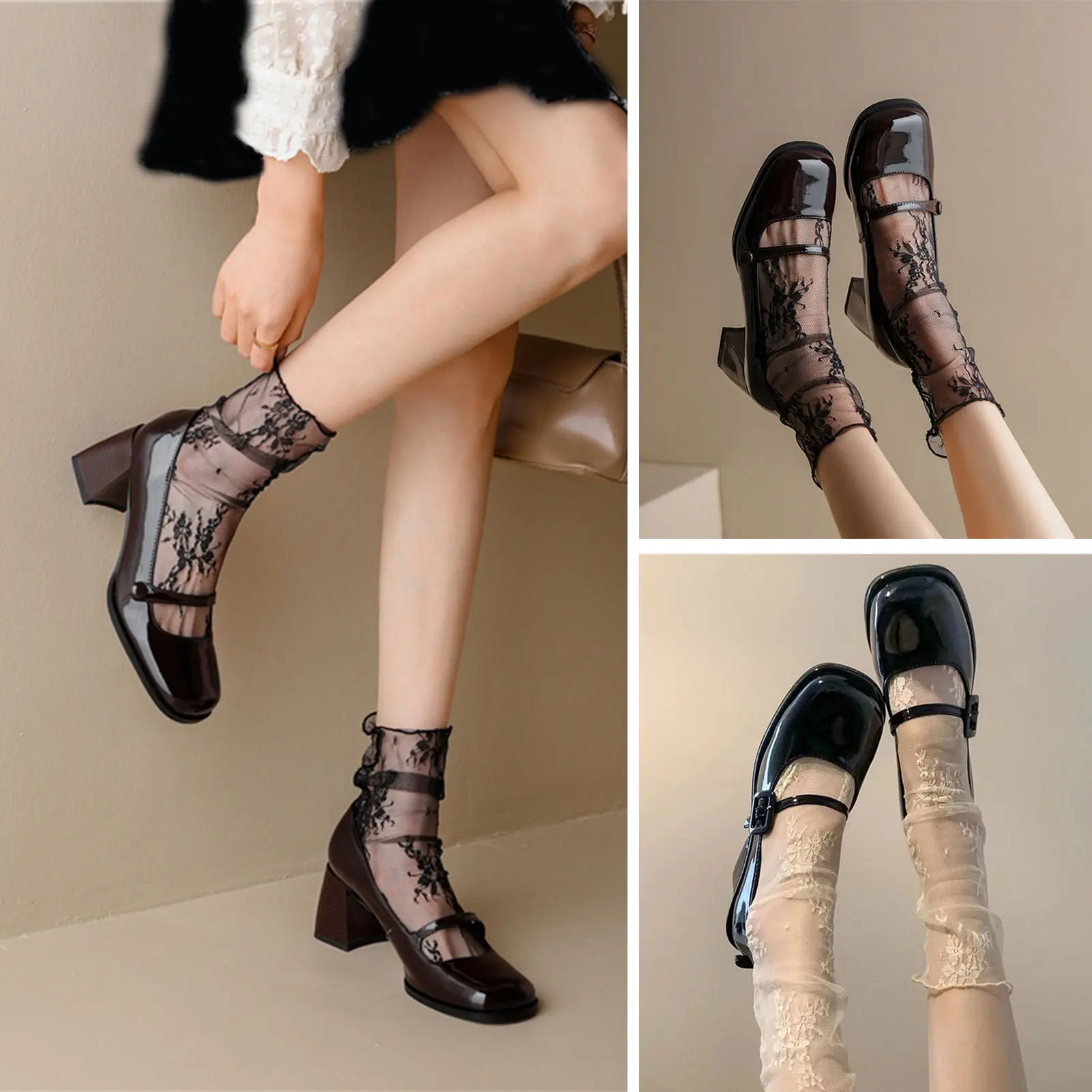 Tất Nữ, Drklesto, Ren Xuyên Thấu, Siêu Mỏng, Ống Giữa, Thiết Kế khoét Thêu Hoa Cổ Điển Mềm Mại Và Thoáng Khí, Đàn Hồi, Thích Hợp Cho Phong Cách Lolita, Tất Xếp Chồng, Tất Giữa Bắp Chân, 1 Đôi