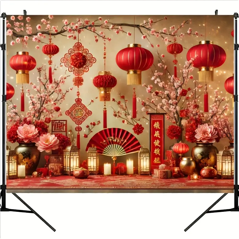 Nền Tảng Lễ Kỷ Niệm Năm Mới Trung Quốc, Chất Liệu Polyester Độ Phân Giải Cao, Đèn Lồng Đỏ Rực Rỡ Và Thiết Kế Hoa, Thích Hợp Cho Những Bức Ảnh Lễ Hội