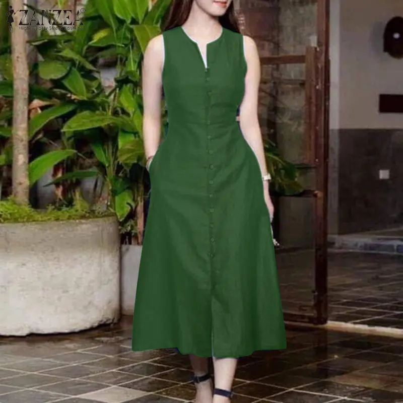 ZANZEA Women's Vintage Sleeveless V-Neck Plain Midi Dresses Casual Loose Front Slit Sundress Red Dress