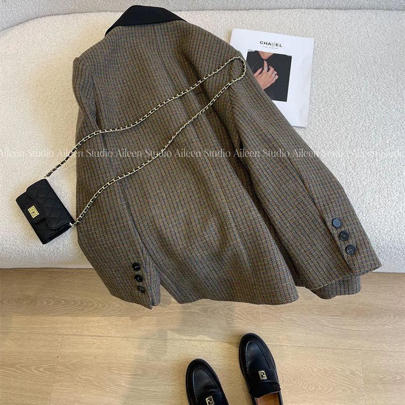 Áo Blazer Len, Họa Tiết Răng Nanh Dành Cho Nữ, Hàng Mới Về 2024, Phong Cách Hàn Quốc, Dày Dặn, Cổ Điển, Dáng Rộng Vừa Vặn, Áo Âu Phục 3