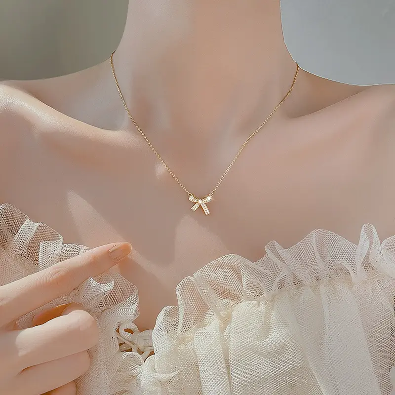 Vòng Cổ Xương Đòn, Thiết Kế Thắt Nơ Cho Nữ, Giá Cả Phải Chăng, Kim Cương Giả Sang Trọng, Thiết Kế Đơn Giản, Độc Đáo Và Thanh Lịch, Phong Cách Ins Ngầu Dây Chuyền Áo Len Cao Cấp
