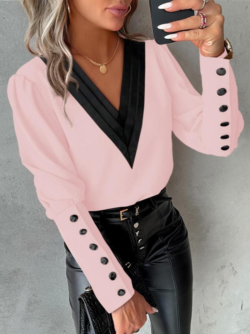 Product Introduction of Women's Patchwork Print Button Leg-of-mutton Sleeve Blouse, Elegant V Neck Long Sleeve Top for Work Office Business, Ladies Clothes for All Seasons， Going Out Tops 14
