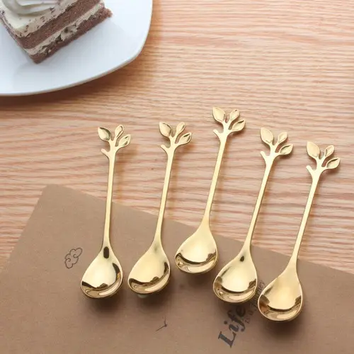 Sendok Dessert | Garpu Dessert | Sendok Teh | Sendok Motif Daun | Garpu Motif Daun | Sendok Desain Mewah Berkualitas Tinggi - [SHLH1003] 6