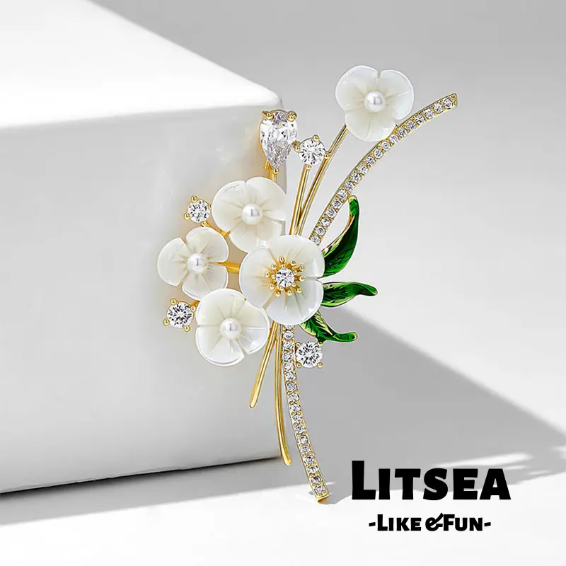 【Litsea】Bros Bunga Baru Segar Mild Wanita Mewah Mutiara Desain Unik Eksklusif X282
