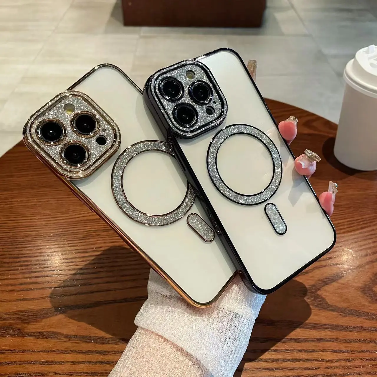 Bảo vệ ống kính nhúng kim cương, vỏ bảo vệ với lực hút từ tính lấp lánh Gradient cho Apple 16, Ốp Điện Thoại , Iphone15, 14, trong suốt, 13 Case