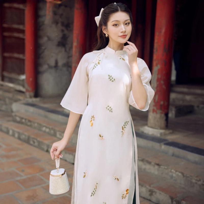 Áo Dài Cách Tân Linh Lan,Áo Dài 4 Tà Lụa Tơ Thêu Hoa Cổ Cao 0