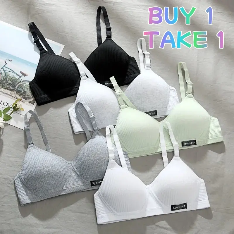 BUY 1 TAKE 1 Pure Cotton Girl's Underwear High School Student Girl Thin Korean Style Wireless Small Breast Thin Bra Minimalist Original Bridal Winter Innerwear Womenswear Women cross bra push tube women Comfort Lady Basic Print