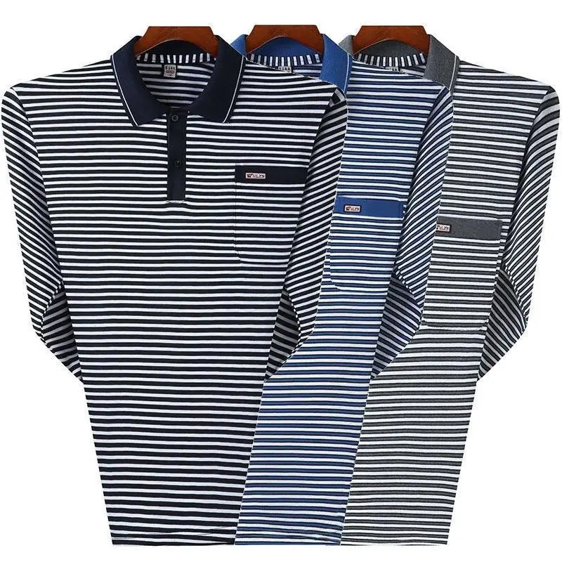 Middle-Aged and Elderly Striped T-shirt Men's Long Sleeve Old Man Shirt Men's Spring and Autumn Wear Loose Dad Outfit Middle-Aged Underwear Shirt