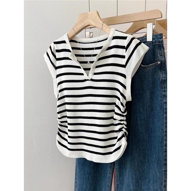 เสื้อสเวตเตอร์ผ้าไหมน้ำแข็งลายทางแขนสั้น คอวีถัก แขนสั้น ฤดูร้อน ...