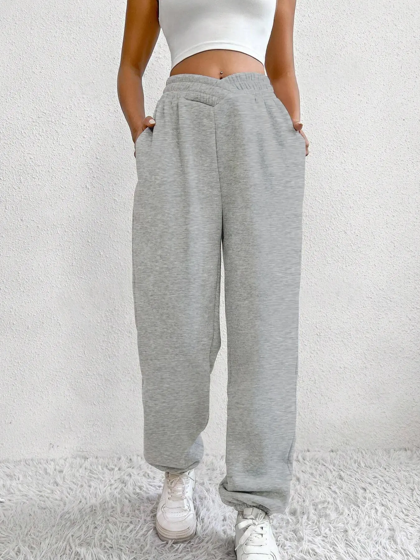 Women's Plain Criss Cross High Waist Sweatpants, Casual Street Pocket Jogger Pants For Spring & Fall, Ladies Bottoms For Daily Wear