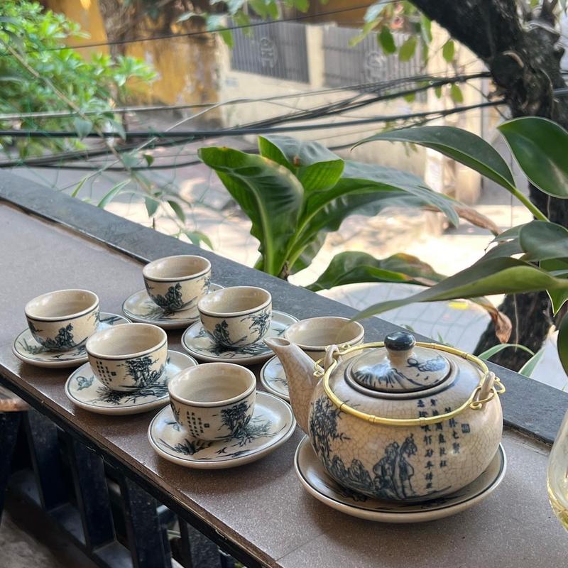 Bộ ấm chén uống trà cao cấp , bộ ấm trà Bát Tràng men rạn Trúc Lâm Thất Hiền
