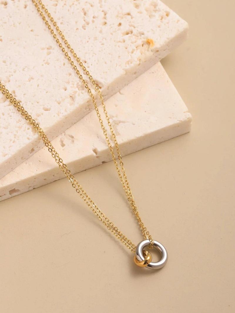 Product Introduction of Unisex minimalist gold stainless steel double chain necklace with steel color ring pendantsornament 17
