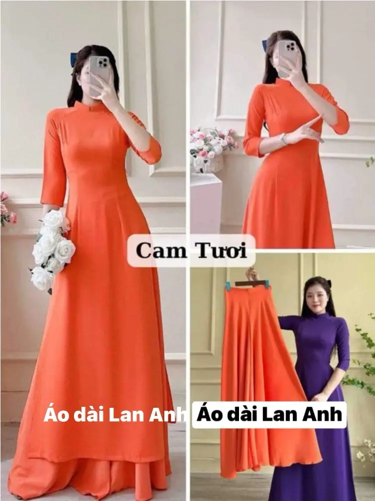 Áo dài truyền thống màu cam tươi vải lụa mỹ cao cấp, mềm mịn thấm hút co giãn tốt - tay lỡ