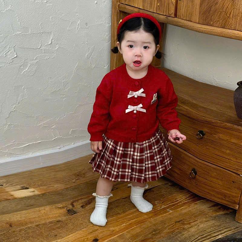 6-18kg N1 -Sét váy thu đông cho bé gái áo len ĐỎ lông thỏ đính 2 NƠ phối chân váy kẻ có lót cho bé gái