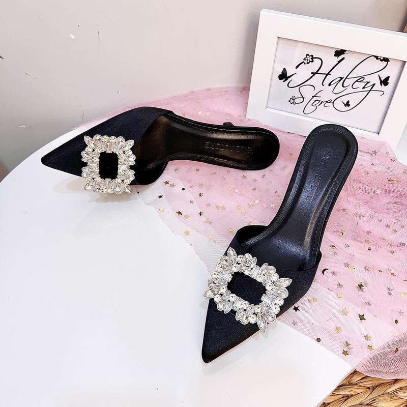 Guốc sục lụa cao gót 7p HALEY STORE mũi nhọn đính đá xoàn lấp lánh tiểu thư đi tiệc đi chơi đi học đi làm 7