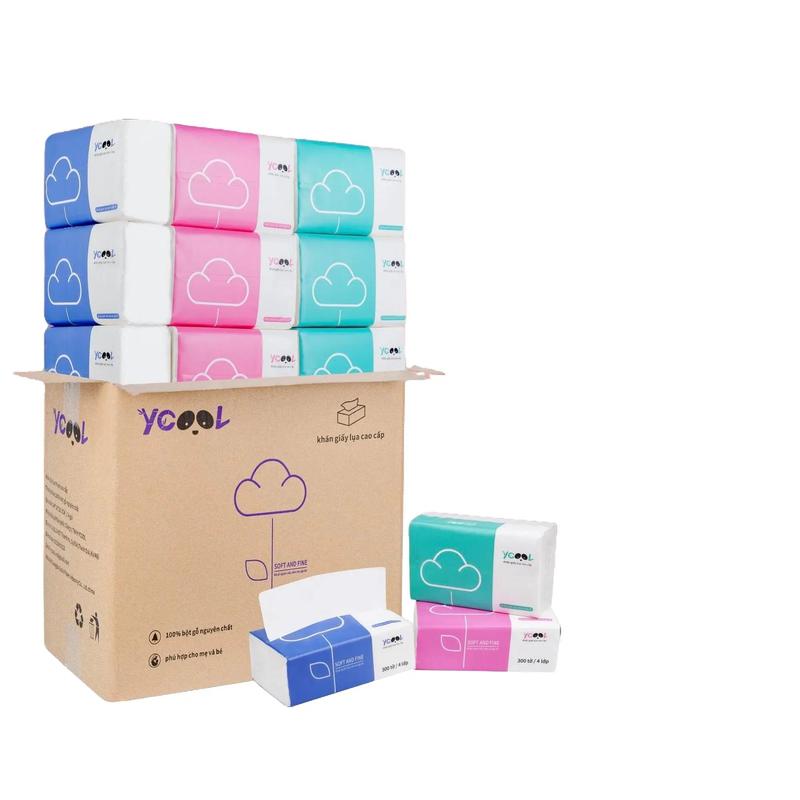 Giấy ăn YCOOL trắng 300 tờ 4 lớp, thùng 24 gói
