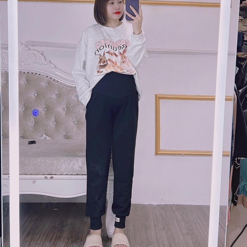  Quần bầu nỉ tăm bo gấu,chất mềm co giãn có đáp bụng và chun điều chỉnh Voi Váy Bầu 