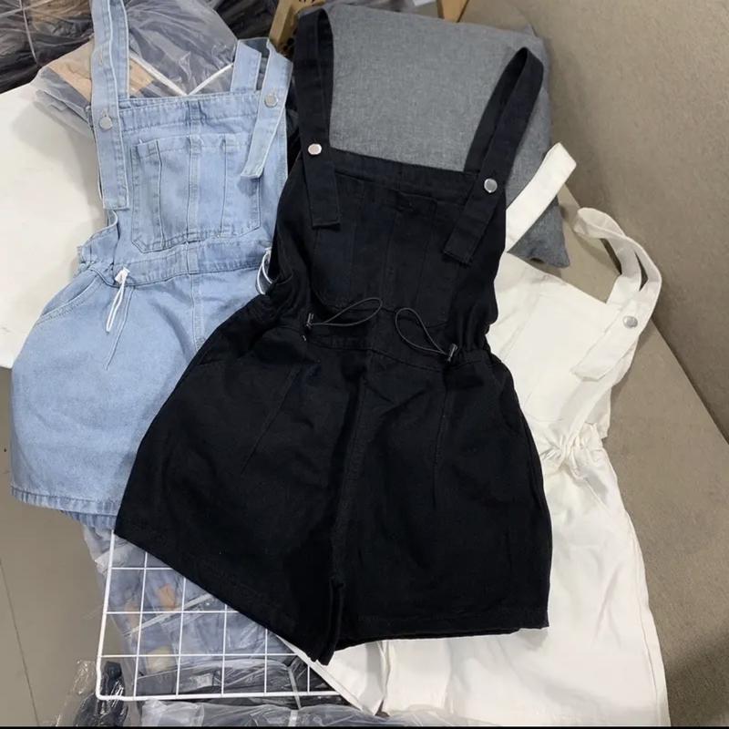 Yếm short phối dây rút 2 bên phối túi dễ thương Nữ Jean Women Pants Denim