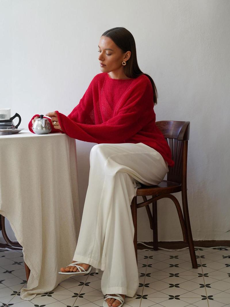 Product Introduction of Women's Plain Sheer Drop Shoulder Sweater, Casual Long Sleeve Boat Neck Jumper for Spring & Fall, Fashion Women's Knitwear for Daily Wear 8