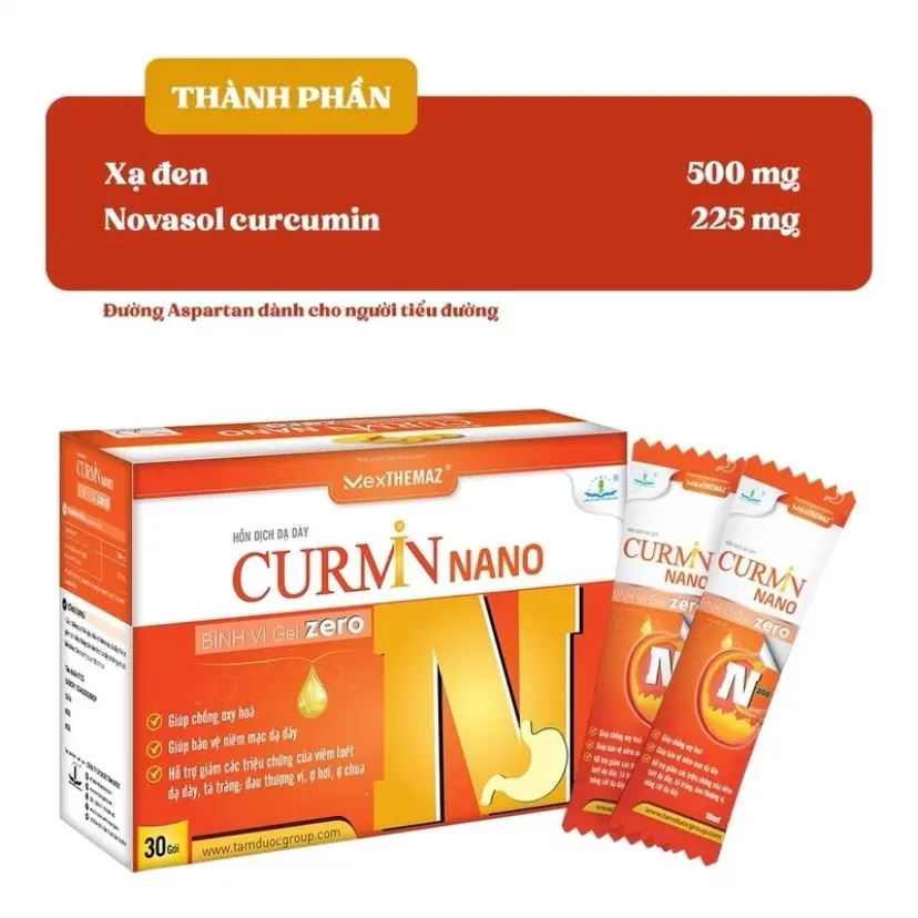 ￼Hỗn Dịch Dạ Dày Curmin Nano Bình Vị Gel Zero An Toàn Cho Bệnh Nhân Tiểu Đường (Hộp 30 Gói)