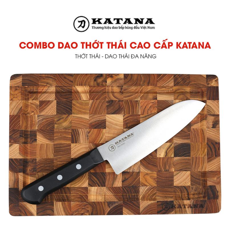 [KT00- KATA401] Thớt gỗ teak thái cao cấp KATANA KT00 + Dao thái KATANA Santoku Basic KATA401