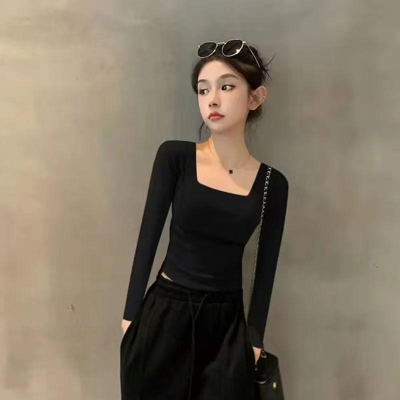 Áo Thun Dài Tay, Hàng Mới Về Mùa Thu Và Mùa Đông, Cổ Vuông, Thời Trang, Mỏng Vừa Vặn, Ngắn, Thiết Kế Xương Cá Cá Sợi, Áo Thanh Lịch, Dành Cho Nữ, Thời Trang 1