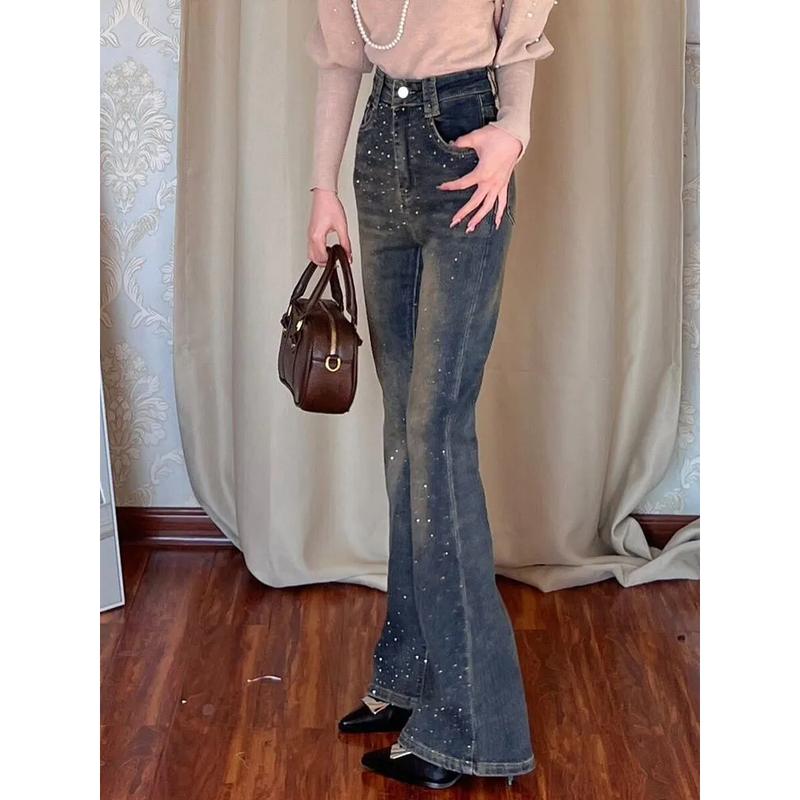 Quần Dài Jean Mỏng đính đá Dành Cho Nữ, Phong Cách Cổ Điển Cạp Cao, Mop Ống Loe Mỏng, Đã Giặt, Hàng Mới Về Năm 2024, Quần Dài Thu Đông Women Pants quần  loe  dài bell  bottoms 2