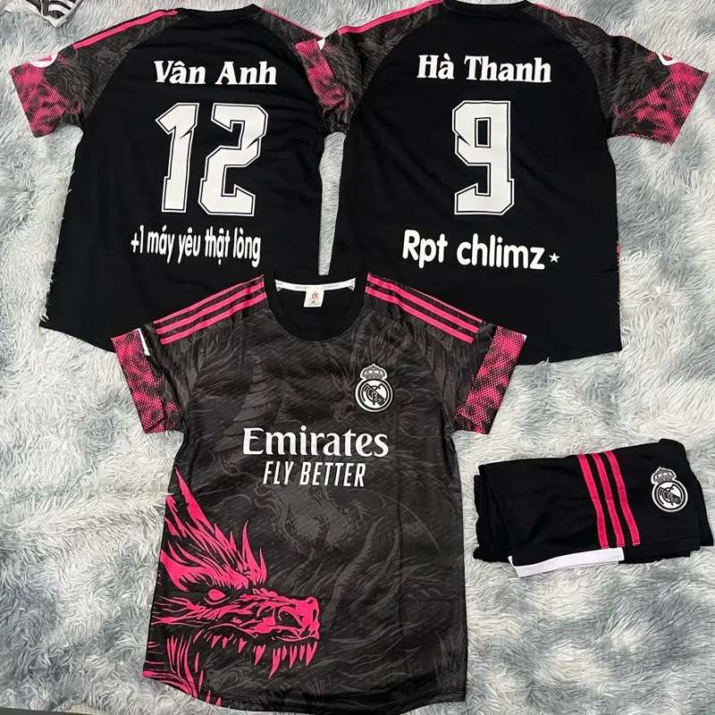 Bộ Quần Áo Bóng Đá Real Đen Rồng Đỏ In Tên Số Vải Thun Mè Cao Cấp Loc Sport Top Nam