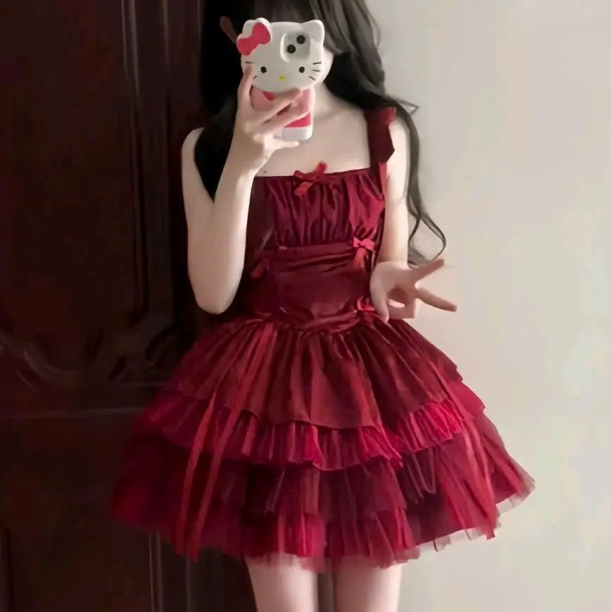 ĐẦM TAPTA LƯỚI 6 TẦNG NƠ Y HÌNH MÀU ĐỎ XINH XOÈ .MOCKING LƯNG ( tặng quần rời bí màu đỏ) Nữ Women Dress.