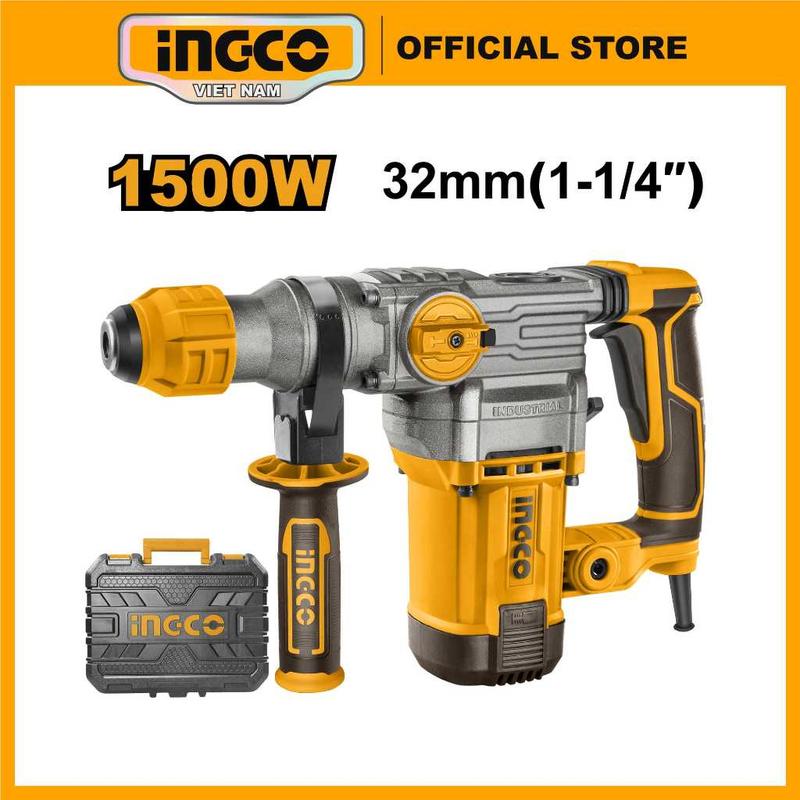  Máy khoan đục 3 chức năng INGCO RH150038 công suất 1500W tặng kèm 3 mũi khoan và 2 mũi đục. 