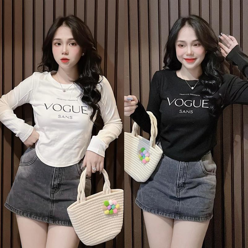 Áo Thun Ôm Body Nữ Tay Dài Vạt Bầu [Mã B21], Form 35~55kg Croptop Tôn Dáng Cotton Mềm Mịn[Vogue] Cổ Tròn Sơ Mi Women Màu Trắng dài tay