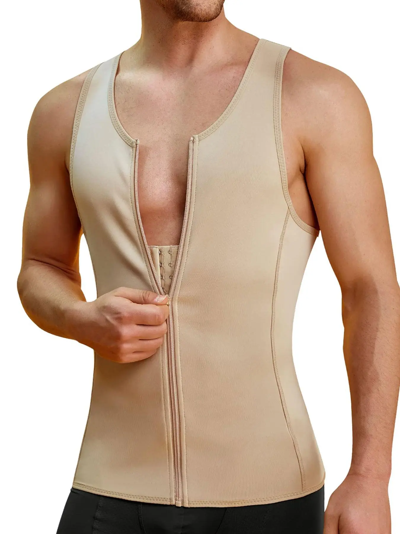 Men's Solid Zipper Compression Shapewear Tank Top, Casual Comfy Breathable Shaper for Daily Wear, Tummy Control Shapewear for Men