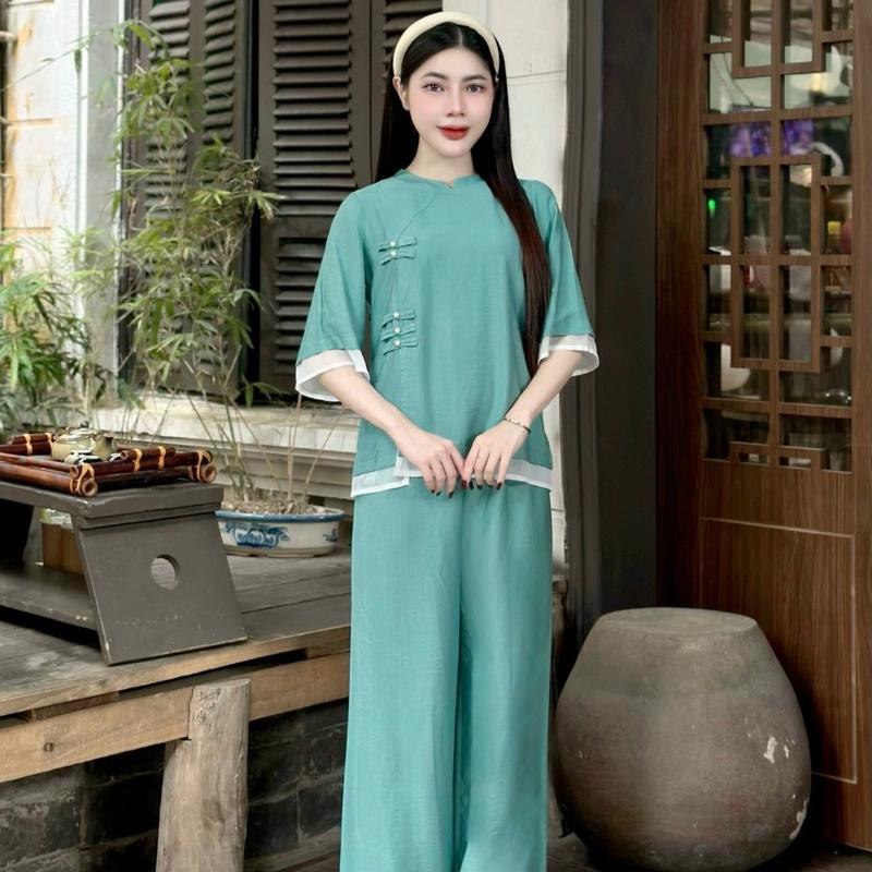 [ Diệu Mai ] Bộ đồ lam trang nghiêm Đũi Lụa 5 màu đi lễ chùa  Women Nữ Voi Jacket 1