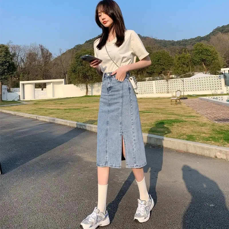 Denim skirt women's high waist thin slit 2024 summer new loose Korean style all-match slim a-line skirt trend